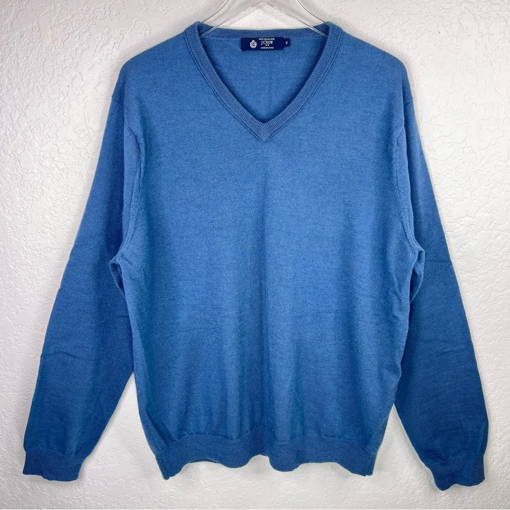 J. CREW Men’s Heather Blue 100% Merino Wool V-Neck Pullover Sweater XL